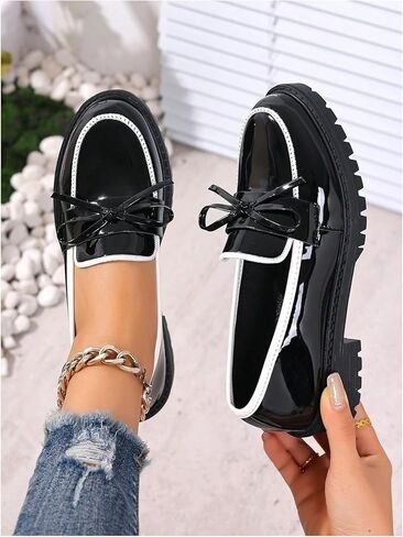 GORGLITTER Women's Patent Leather Bow Loafers Comfortable Closed Toe Thick Sole Loafers Casual Office Daily Footwear in Saudi Arabia