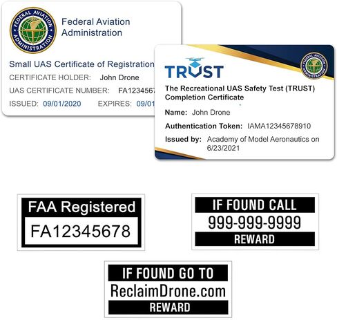 بطاقة تسجيل خدمات الطائرات بدون طيار FAA UAS، بطاقة شهادة إكمال اختبار سلامة UAS الترفيهية من Trust، ملصقات FAA للطائرات بدون طيار (مجموعتان من 3)، ملصقات البطارية لطياري الطائرات بدون طيار الهواة (DB-TRUST-1) in Kuwait