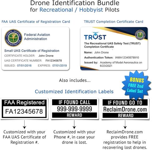 بطاقة تسجيل خدمات الطائرات بدون طيار FAA UAS، بطاقة شهادة إكمال اختبار سلامة UAS الترفيهية من Trust، ملصقات FAA للطائرات بدون طيار (مجموعتان من 3)، ملصقات البطارية لطياري الطائرات بدون طيار الهواة (DB-TRUST-1) in Kuwait