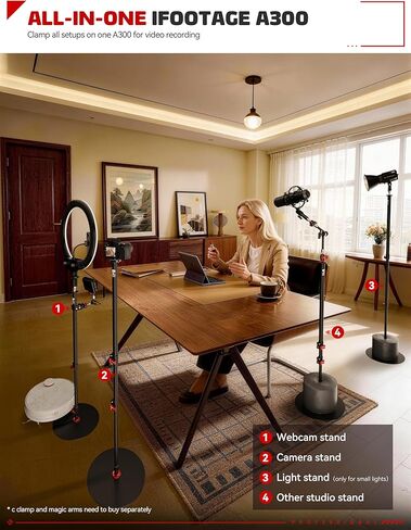 IFOOTAGE قاعدة مستديرة Monopod A300 مع ضوء فيديو ومحول هاتف، حامل إضاءة استوديو ثلاثي القوائم للكاميرا مقاس 60 بوصة، رأس حامل ثلاثي القوائم، ضوء حلقي، تدفق، مقابلة، حمولة 22 رطل in Kuwait
