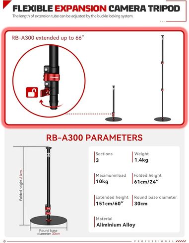 IFOOTAGE قاعدة مستديرة Monopod A300 مع ضوء فيديو ومحول هاتف، حامل إضاءة استوديو ثلاثي القوائم للكاميرا مقاس 60 بوصة، رأس حامل ثلاثي القوائم، ضوء حلقي، تدفق، مقابلة، حمولة 22 رطل in Kuwait