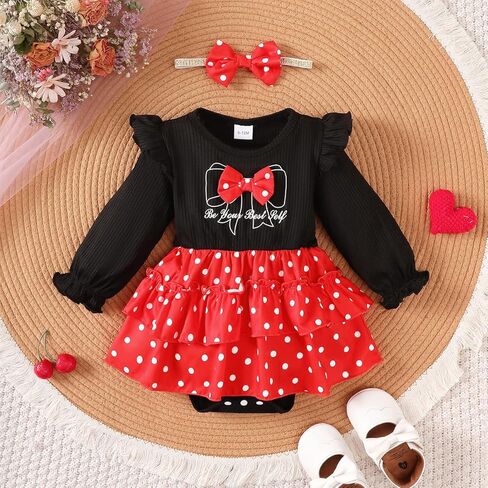 Baby Infant Romper, Chest Letter Print 3D Bow, Flutter Long Sleeve, Polka Dot Skirt, Cute Fashion Newborn One-Piece Outfit in Saudi Arabia