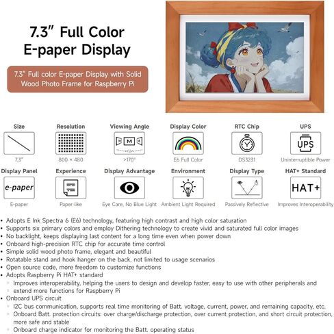 إطار صور من الورق الإلكتروني KLAYERS متوافق مع Raspberry Pi Zero، E6 كامل اللون، وضع الاستعداد طويل جدًا، دقة 800 × 480، لا يحتوي على Batt in Kuwait
