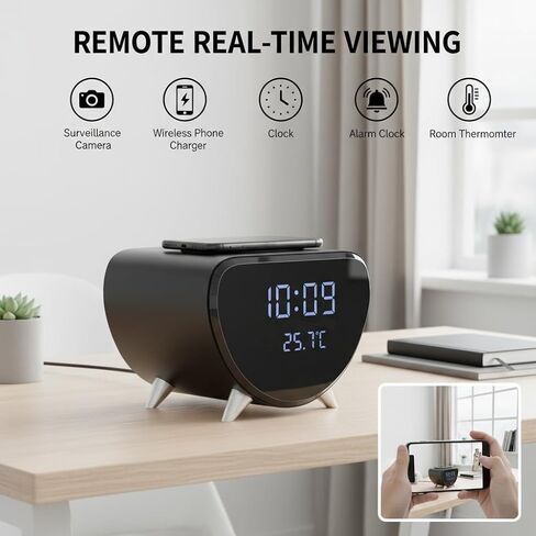 كاميرا أمان 4K بدون صوت، كاميرا داخلية واي فاي بزاوية واسعة 100 درجة مع شاحن هاتف لاسلكي، ساعة رقمية مع عرض درجة الحرارة، 2.4 جيجا واي فاي 6، دعم تسجيل SD/سحابي، تنبيه كشف الحركة in Kuwait