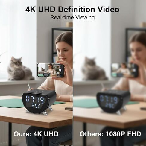 كاميرا أمان 4K بدون صوت، كاميرا داخلية واي فاي بزاوية واسعة 100 درجة مع شاحن هاتف لاسلكي، ساعة رقمية مع عرض درجة الحرارة، 2.4 جيجا واي فاي 6، دعم تسجيل SD/سحابي، تنبيه كشف الحركة in Kuwait