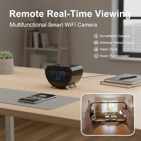 كاميرا أمان 4K بدون صوت، كاميرا داخلية واي فاي بزاوية واسعة 100 درجة مع شاحن هاتف لاسلكي، ساعة رقمية مع عرض درجة الحرارة، 2.4 جيجا واي فاي 6، دعم تسجيل SD/سحابي، تنبيه كشف الحركة in Kuwait
