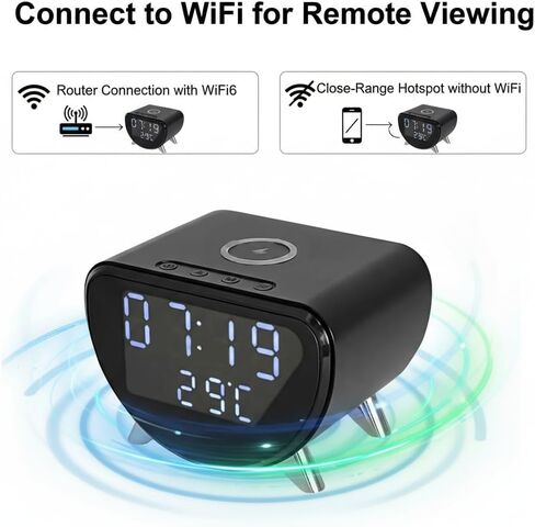 كاميرا أمان 4K بدون صوت، كاميرا داخلية واي فاي بزاوية واسعة 100 درجة مع شاحن هاتف لاسلكي، ساعة رقمية مع عرض درجة الحرارة، 2.4 جيجا واي فاي 6، دعم تسجيل SD/سحابي، تنبيه كشف الحركة in Kuwait