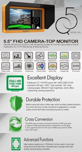 شاشة LILLIPUT Q5 مقاس 5 بوصة 1920 * 1080 شاشة عالية الدقة بالكامل مع غلاف معدني SDI HDMI متقاطع عالي الدقة لكاميرا الفيديو in Kuwait