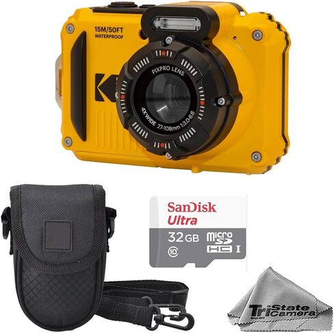 كاميرا Kodak PIXPRO WPZ2 مقاومة للماء والصدمات والغبار (أصفر) - تكبير بصري 16 ميجابكسل 4X، فيديو عالي الدقة بالكامل + بطاقة ذاكرة 32 جيجابايت، حافظة كاميرا وقماش من الألياف الدقيقة in Kuwait