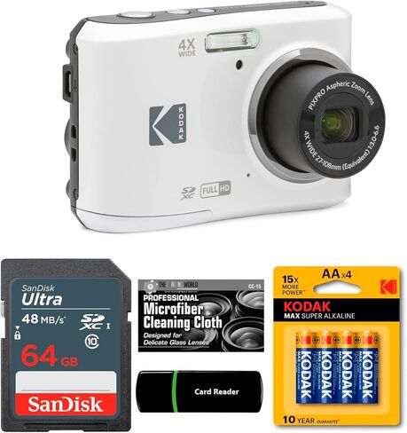Kodak PIXPRO FZ45 16MP Digital Camera 4X Optical Zoom 27mm Wide Angle 1080P Full HD Video 2.7" LCD Camera (White) + 64GB Card and Reader + AA Batteries (4-Pack) + Cleaning Cloth in Kuwait