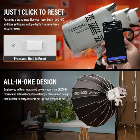 طقم إضاءة Godox 3Pack LE200Bi مع حامل إضاءة/صندوق سوفت بوكس/حقيبة حمل/5-1 عاكس ثنائي اللون LED طقم إضاءة فيديو مستمر احترافي، CRI 98+، 2800K-6500K، 57700 Lux للاستوديو in Kuwait