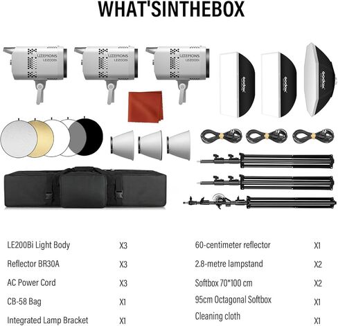 طقم إضاءة Godox 3Pack LE200Bi مع حامل إضاءة/صندوق سوفت بوكس/حقيبة حمل/5-1 عاكس ثنائي اللون LED طقم إضاءة فيديو مستمر احترافي، CRI 98+، 2800K-6500K، 57700 Lux للاستوديو in Kuwait
