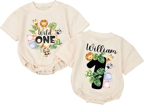 Personalized Wild One First Birthday Outfit Boy, Jungle Animals 1st Birthday Romper, Lion Giraffe in Kuwait