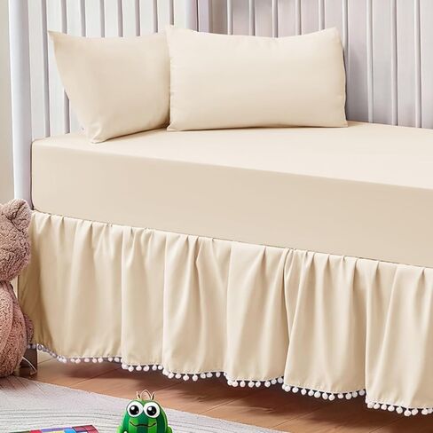 NSGZ Crib Bed Skirt for Grils Boys, 28 x 52 Inch Crib Skirt with Pompoms Dust Ruffles 14 Inch Drop, Soft Microfiber Nursery Toddler Decor Dust Ruffle (White) in Saudi Arabia