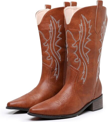 ZHENAIYISHENG Cowboy Boots for Women - Western Embroidery Cowgirl Boots, Mid Calf Pointed Toe Chunky Heel Fashion Boots for Ladies in Kuwait