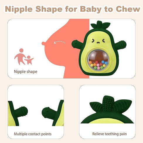 HAILI XMGQ Baby Teething Toys for 3-6 6-12 Months, Avocado Teething Mitten with Rattle, Food Grade Silicone Wrist Hand Teether for Teething Relief Newborn Chew Toys in Kuwait