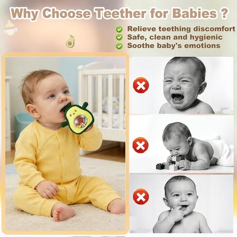 HAILI XMGQ Baby Teething Toys for 3-6 6-12 Months, Avocado Teething Mitten with Rattle, Food Grade Silicone Wrist Hand Teether for Teething Relief Newborn Chew Toys in Kuwait