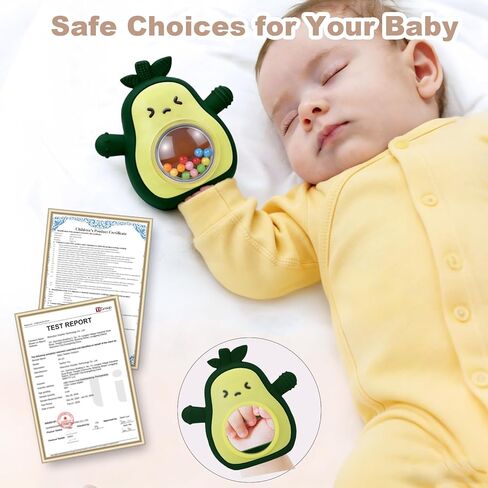 HAILI XMGQ Baby Teething Toys for 3-6 6-12 Months, Avocado Teething Mitten with Rattle, Food Grade Silicone Wrist Hand Teether for Teething Relief Newborn Chew Toys in Kuwait