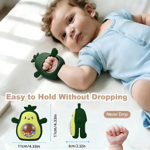 HAILI XMGQ Baby Teething Toys for 3-6 6-12 Months, Avocado Teething Mitten with Rattle, Food Grade Silicone Wrist Hand Teether for Teething Relief Newborn Chew Toys in Kuwait