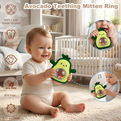 HAILI XMGQ Baby Teething Toys for 3-6 6-12 Months, Avocado Teething Mitten with Rattle, Food Grade Silicone Wrist Hand Teether for Teething Relief Newborn Chew Toys in Kuwait