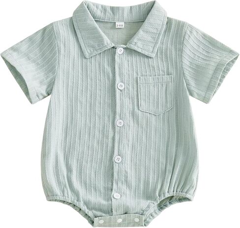Newborn Baby Boy Clothes Striped Textured Button Up Shirt Romper Short Sleeve Collared Bodysuit Cute Summer Outfit in Saudi Arabia
