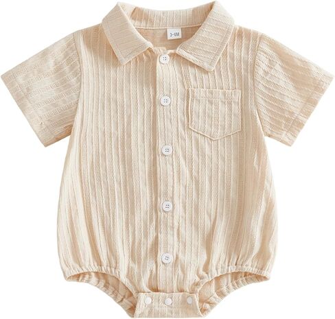 Newborn Baby Boy Clothes Striped Textured Button Up Shirt Romper Short Sleeve Collared Bodysuit Cute Summer Outfit in Saudi Arabia