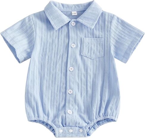 Newborn Baby Boy Clothes Striped Textured Button Up Shirt Romper Short Sleeve Collared Bodysuit Cute Summer Outfit in Saudi Arabia