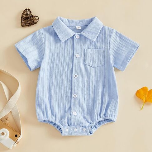 Newborn Baby Boy Clothes Striped Textured Button Up Shirt Romper Short Sleeve Collared Bodysuit Cute Summer Outfit in Saudi Arabia