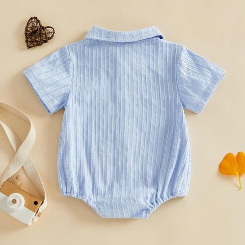 Newborn Baby Boy Clothes Striped Textured Button Up Shirt Romper Short Sleeve Collared Bodysuit Cute Summer Outfit in Saudi Arabia