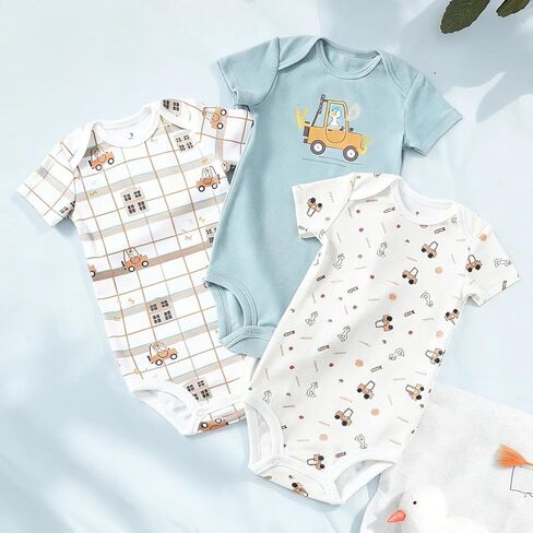 Boy Romper 3 Pack Short Sleeve Infant Summer Bodysuit Snap Crotch Construction Duck Print Outfit Boy Girl in Kuwait