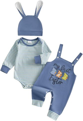My First Easter Baby Boy Outfit Newborn Infant Long Sleeve Striped Romper Embroidery Overalls Pants Hat 3Pcs Sets in Saudi Arabia