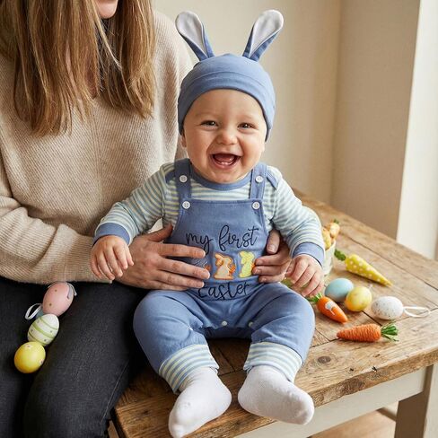 My First Easter Baby Boy Outfit Newborn Infant Long Sleeve Striped Romper Embroidery Overalls Pants Hat 3Pcs Sets in Saudi Arabia
