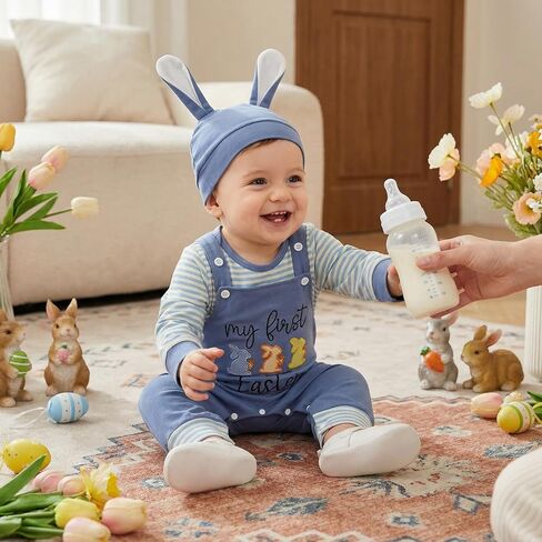 My First Easter Baby Boy Outfit Newborn Infant Long Sleeve Striped Romper Embroidery Overalls Pants Hat 3Pcs Sets in Saudi Arabia