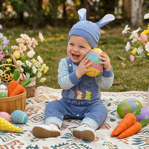 My First Easter Baby Boy Outfit Newborn Infant Long Sleeve Striped Romper Embroidery Overalls Pants Hat 3Pcs Sets in Saudi Arabia