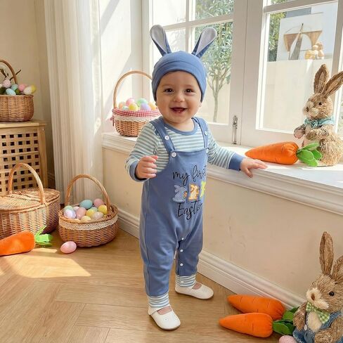 My First Easter Baby Boy Outfit Newborn Infant Long Sleeve Striped Romper Embroidery Overalls Pants Hat 3Pcs Sets in Saudi Arabia