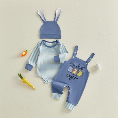 My First Easter Baby Boy Outfit Newborn Infant Long Sleeve Striped Romper Embroidery Overalls Pants Hat 3Pcs Sets in Saudi Arabia