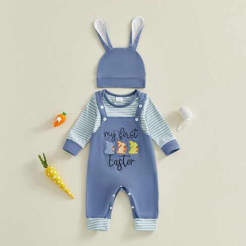My First Easter Baby Boy Outfit Newborn Infant Long Sleeve Striped Romper Embroidery Overalls Pants Hat 3Pcs Sets in Saudi Arabia