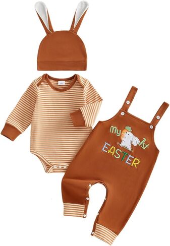 My First Easter Baby Boy Outfit Newborn Infant Long Sleeve Striped Romper Embroidery Overalls Pants Hat 3Pcs Sets in Saudi Arabia
