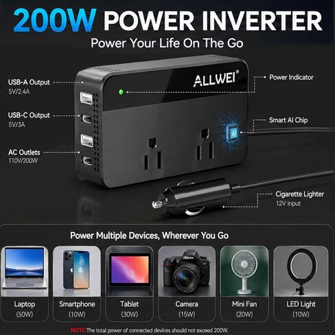 ALLWEI 200W عاكس طاقة السيارة، 12V DC إلى 110V AC عاكس السيارة مع 4 منافذ شحن USB سريعة (2xUSB A، 2xUSB C) - محول ولاعة السجائر لشاحن السيارة للهاتف والكمبيوتر المحمول والأجهزة الصغيرة في رحلة الطريق in Kuwait
