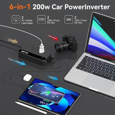 ALLWEI 200W عاكس طاقة السيارة، 12V DC إلى 110V AC عاكس السيارة مع 4 منافذ شحن USB سريعة (2xUSB A، 2xUSB C) - محول ولاعة السجائر لشاحن السيارة للهاتف والكمبيوتر المحمول والأجهزة الصغيرة في رحلة الطريق in Kuwait
