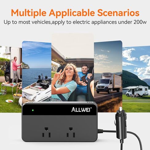 ALLWEI 200W عاكس طاقة السيارة، 12V DC إلى 110V AC عاكس السيارة مع 4 منافذ شحن USB سريعة (2xUSB A، 2xUSB C) - محول ولاعة السجائر لشاحن السيارة للهاتف والكمبيوتر المحمول والأجهزة الصغيرة في رحلة الطريق in Kuwait