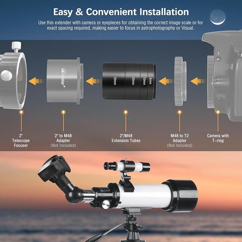 مجموعة أنبوب تمديد Alstar Astronomical 2 بوصة/M48 8 مم 10 مم 20 مم 30 مم - حزمة مع - محول كاميرا بؤري T-2 مقاس 2 بوصة in Kuwait