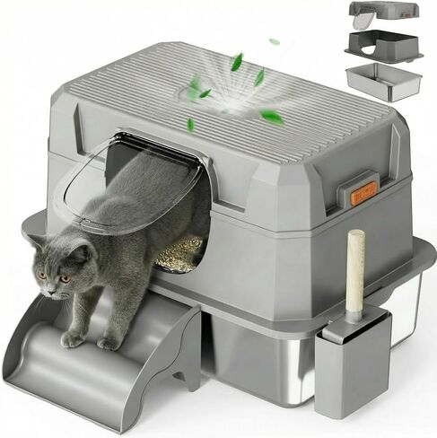 Stainless Steel Litter Box with lid,XXXL Extra Large,High-Sided Metal Litter Box for Multiple Cats, Non-Stick, Leak-Proof, Dark Gray in Saudi Arabia