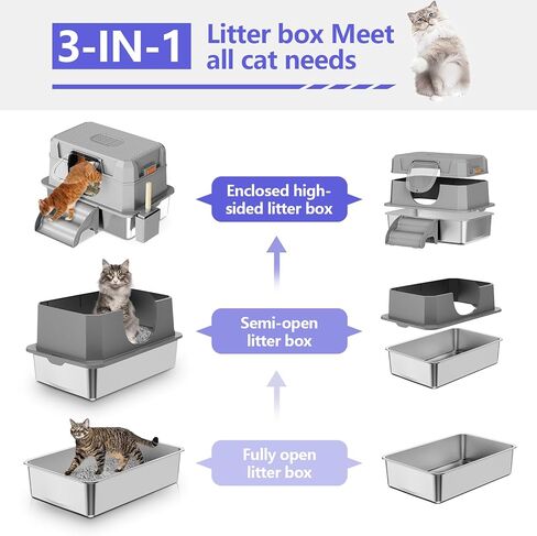 Stainless Steel Litter Box with lid,XXXL Extra Large,High-Sided Metal Litter Box for Multiple Cats, Non-Stick, Leak-Proof, Dark Gray in Saudi Arabia