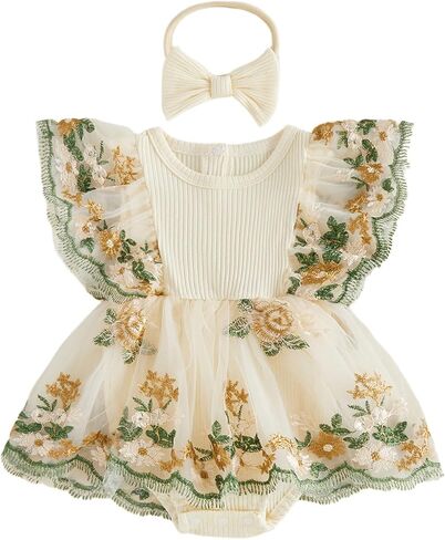Douhoow Baby Girl Summer Romper Flying Sleeve Floral Embroidery Baby Dress Romper with Headband Infant Festival Clothes in Saudi Arabia