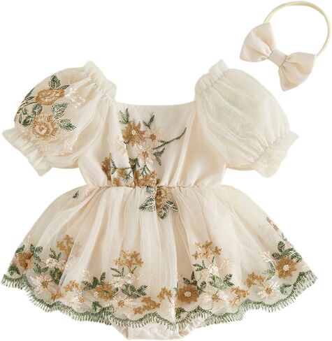Douhoow Baby Girl Summer Romper Flying Sleeve Floral Embroidery Baby Dress Romper with Headband Infant Festival Clothes in Saudi Arabia
