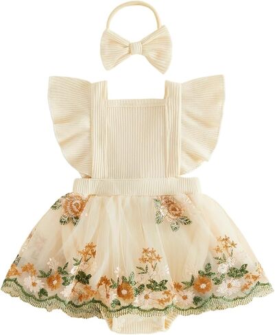 Douhoow Baby Girl Summer Romper Flying Sleeve Floral Embroidery Baby Dress Romper with Headband Infant Festival Clothes in Saudi Arabia