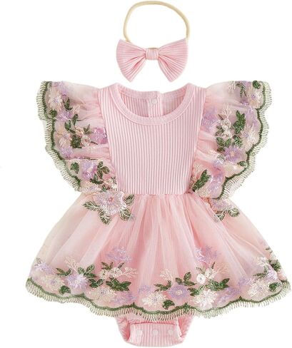 Douhoow Baby Girl Summer Romper Flying Sleeve Floral Embroidery Baby Dress Romper with Headband Infant Festival Clothes in Saudi Arabia