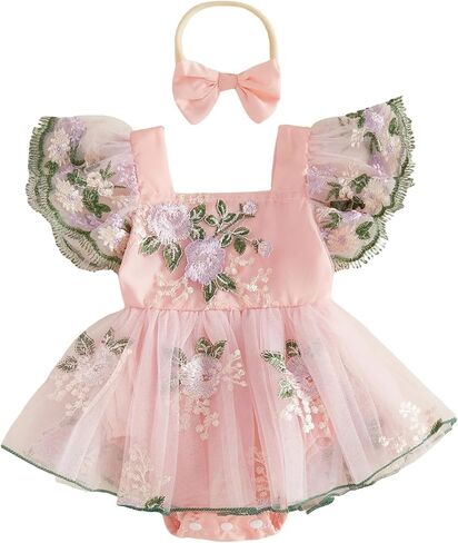 Douhoow Baby Girl Summer Romper Flying Sleeve Floral Embroidery Baby Dress Romper with Headband Infant Festival Clothes in Saudi Arabia