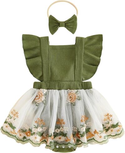 Douhoow Baby Girl Summer Romper Flying Sleeve Floral Embroidery Baby Dress Romper with Headband Infant Festival Clothes in Saudi Arabia